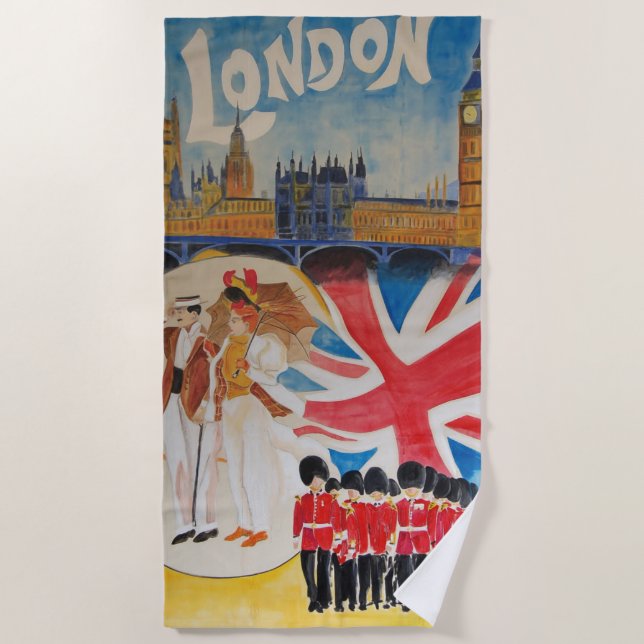 Toalha De Praia Retro Style London England Watercolor Art (Frente)