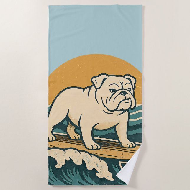Toalha De Praia Retro Surfer Dog Blue Coastal Surfing Bulldog Art (Frente)