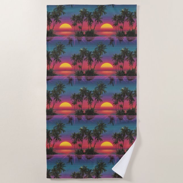 Toalha De Praia Retro Synthwave Palm Tree Sunset Pattern (Frente)