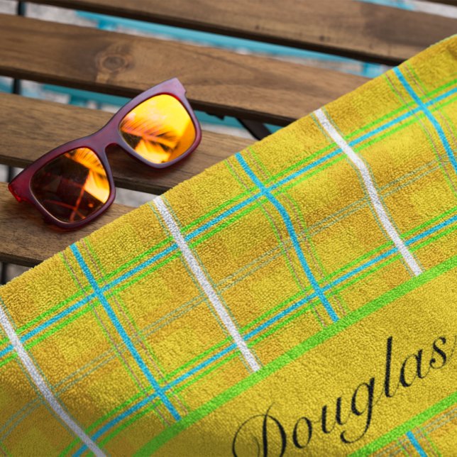 Toalha De Praia Retro Yellow e Blue Douglas Tartan, personalizado (Criador carregado)