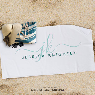 Toalha De Praia Rico Moderno - Script Monograma - Turquesa Teal Br
