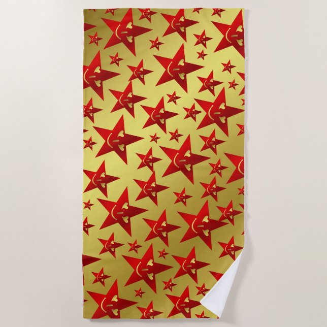 Toalha De Praia rindo, estrela, estrelas, vermelho, ouro, sorriso, (Frente)