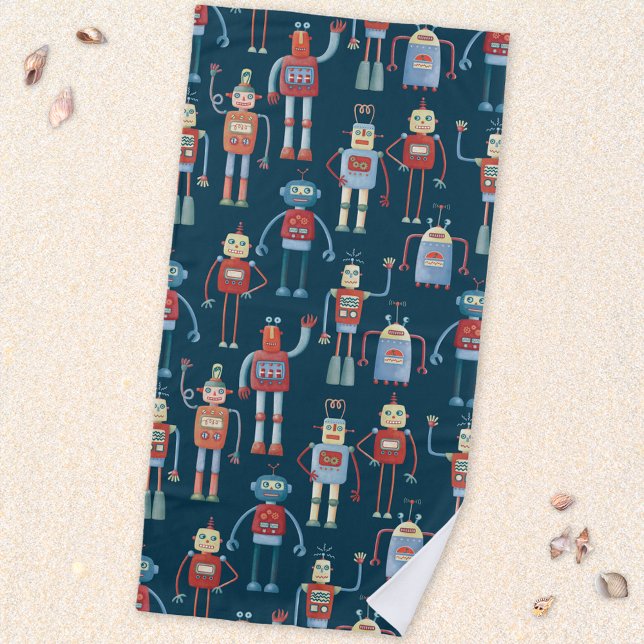 Toalha De Praia Robôs do Estilo Retro dos anos 50 (Retro robots fun beach towel)