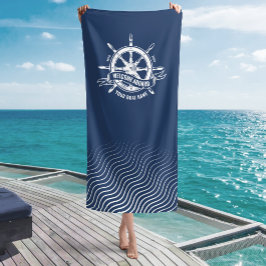 Toalha De Praia Roda de Navio Náutico Bem-vindo a Bordo Azul Marin