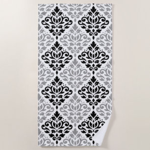 Toalha De Praia Rolar Damask Grande Padrão Cinza Preta Branco