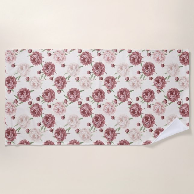 Toalha De Praia Romantic Blush & Burgundy Peony Floral Pattern (Frente)