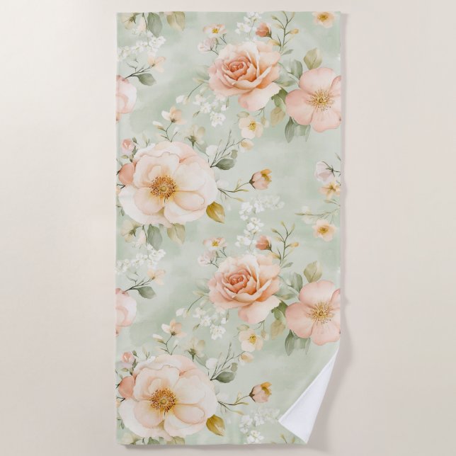 Toalha De Praia Romantic Peach Mint Pretty Roses Floral  (Frente)
