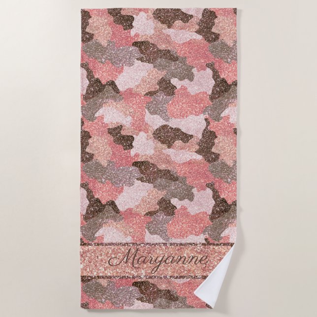 Toalha De Praia Rosa Camuflage Faux Glitter Camo Monograma (Frente)