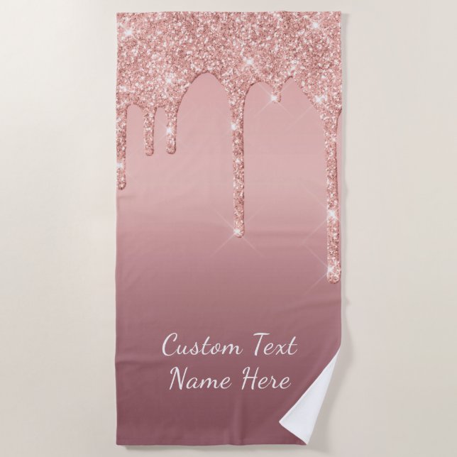 Toalha De Praia Rosa de Texto Personalizado Blush Glitter Beach To (Frente)