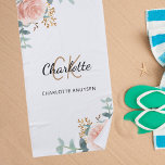 Toalha De Praia Rosa dourado floral monograma verde<br><div class="desc">Fundo branco. Decorados com rosas de ouro rosa,  eucalipto verde e ouros de cor aquosa. Personalize e adicione seu primeiro nome,  iniciais do monograma e nome do cheio.</div>