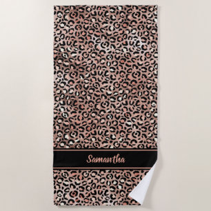 Toalha De Praia Rosa Dourado Preto Chic Impressão Leopardo Persona
