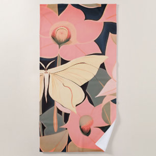 Toalha De Praia Rosa e Creme - Luna Moth e Moonflower