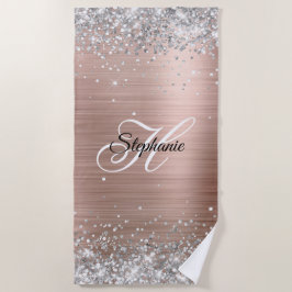 Toalha De Praia Rosa Glitter Prata Folha Dourada Monograma Chique