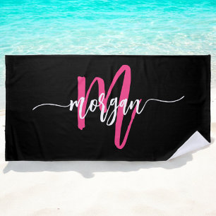 Toalha De Praia Rosa Quente Preto Moderno Nome Monograma Feminino