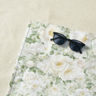Toalha De Praia Rosas Florais Brancas Creme Românticas