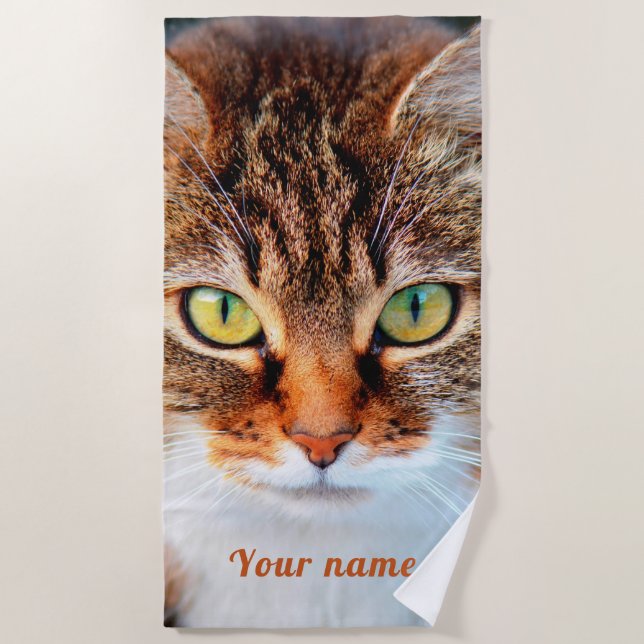 Toalha De Praia Rosto de gato bonito para amantes de gatos com nom (Frente)