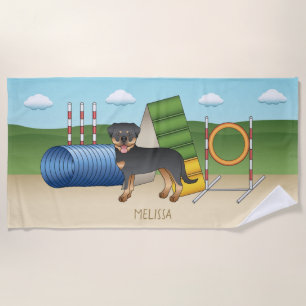 Toalha De Praia Rottweiler Preto E Tano Com Equipamento De Agilida