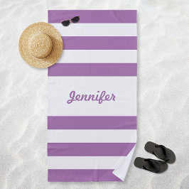 Toalha De Praia Roxo Lavanda Branco Listras Personalizado