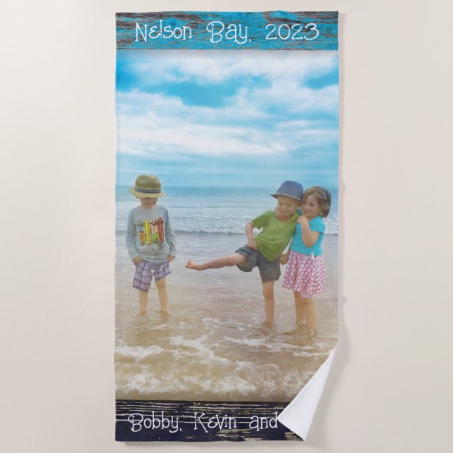 Toalha De Praia Rustic Blue White Beach Wood Text Photo Frame (Frente)