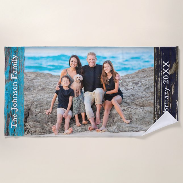 Toalha De Praia Rustic Blue Wood Family Name Photo (Frente)