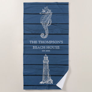 Toalha De Praia Rustic Blue Wood Sea Lighthouse Beach House