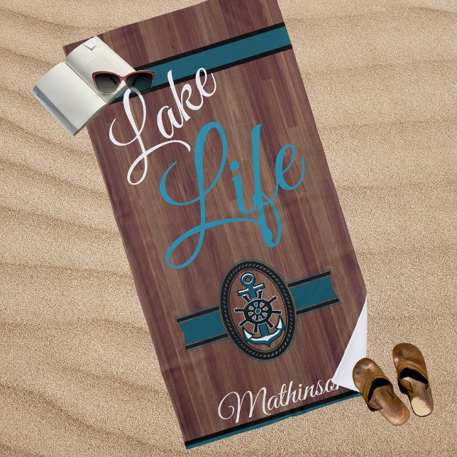 Toalha De Praia Rústica Madeira Teal Blue Lake Life monogramada (Criador carregado)