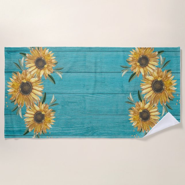 Toalha De Praia Rústico Sunflower Teal Blue Barn Wood Country (Frente)