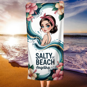 Toalha De Praia Salty Lil Tropical Hibiscus & Blue Ocean Wave