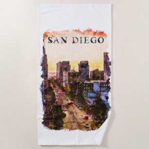 Toalha De Praia San Diego California Watercoloer Sunset View