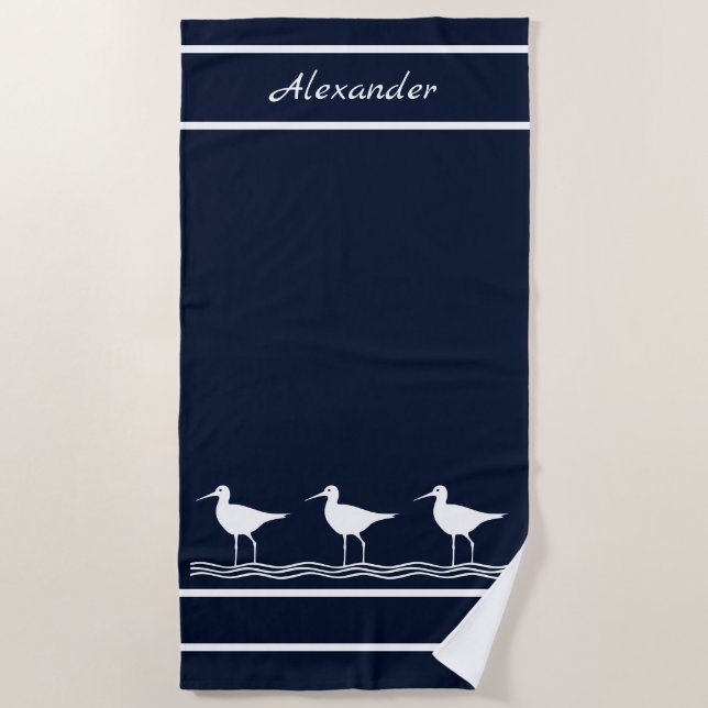 Toalha De Praia Sandppers Azuis Marinhos Náuticos Aves Beach Towel (Frente)