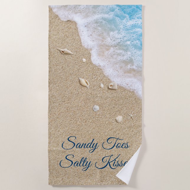 Toalha De Praia Sandy Toes Salty Kisses Blue Beach Waves (Frente)