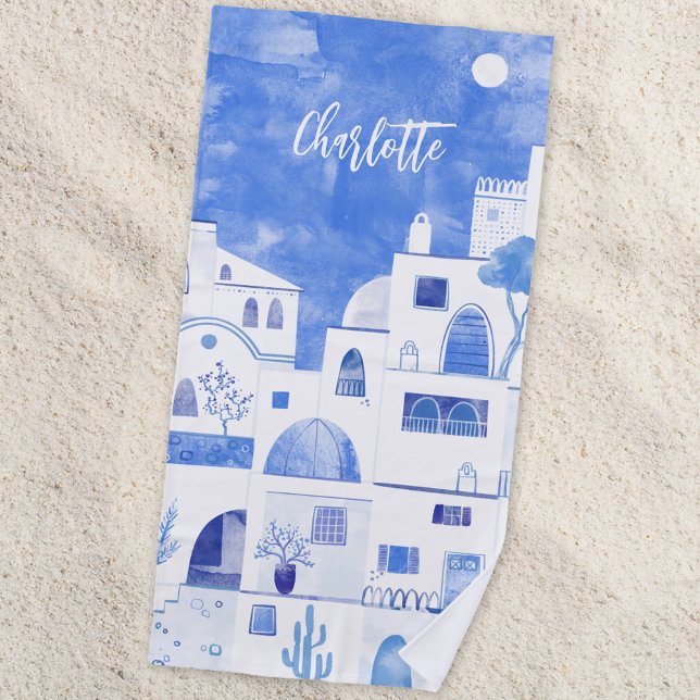 Toalha De Praia Santorini Oia, Ilha Grega, Aquarela Personalizada (Oia Santorini blue and white watercolor Greek island personalized name beach towel)