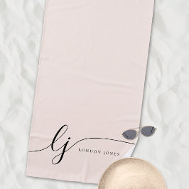 Toalha De Praia Script de Caligrafia Elegante Neutro Monograma Mod