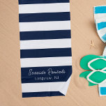 Toalha De Praia script de nome das faixas brancas azuis do marinho<br><div class="desc">Listras azuis e brancas marinhos. Personalize e adicione um nome e texto. Texto branco.</div>