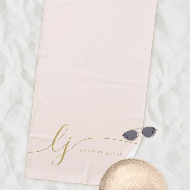 Toalha De Praia Script Dourado Cor-de-rosa branco Elegante moderno (Criador carregado)