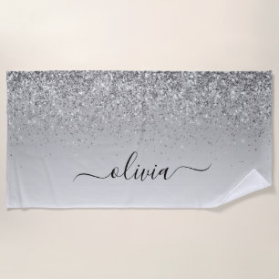 Toalha De Praia Script Girly Sparkle Glitter Monograma de Silver