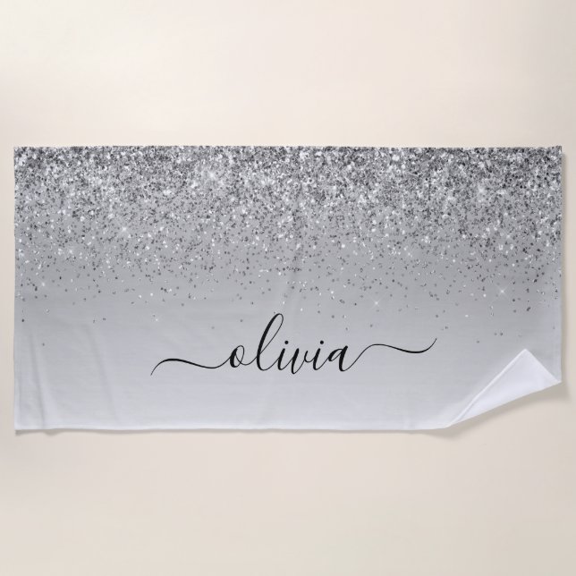 Toalha De Praia Script Girly Sparkle Glitter Monograma de Silver (Frente)