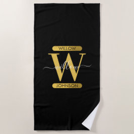 Toalha De Praia Script Moderno do Monograma Dourado e Preto Elegan