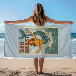 Toalha De Praia Sea Beast Retro Mermaid | Funny Coastal Beach Blue