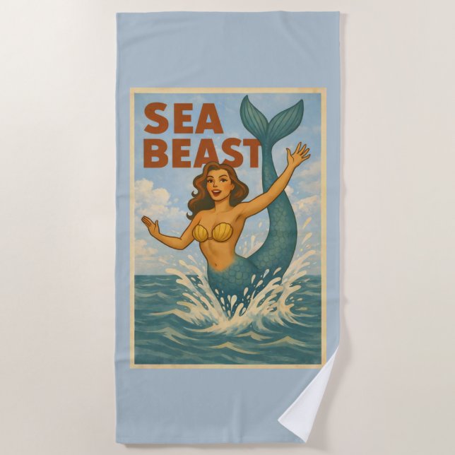 Toalha De Praia Sea Beast Retro Mermaid | Funny Coastal Beach Blue (Frente)