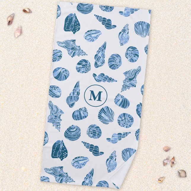 Toalha De Praia Sea Shell Watercolor Nautical Monogram Initial (Sea shell watercolor pattern blue and white personalized monogram initial beach towel)
