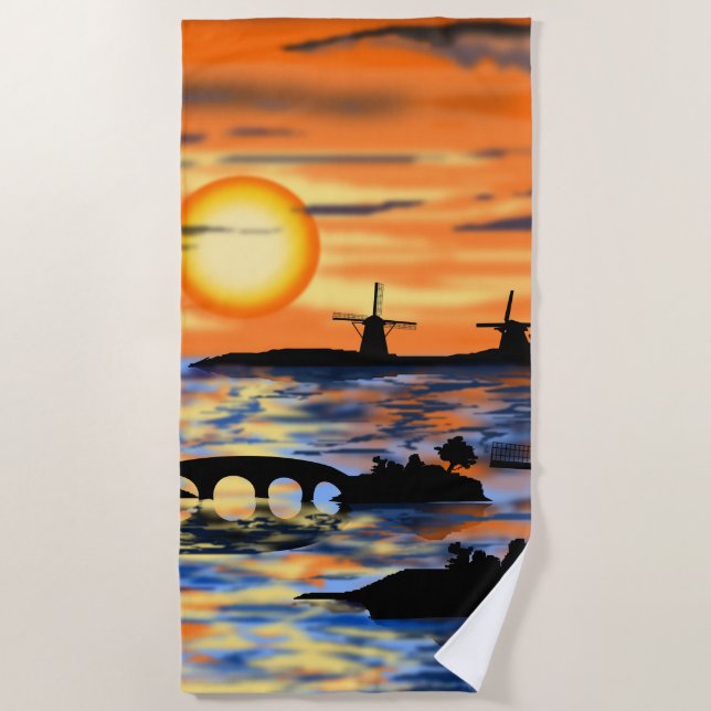 Toalha De Praia Sea Sunset Beach Towland Netherlands Windmill (Frente)