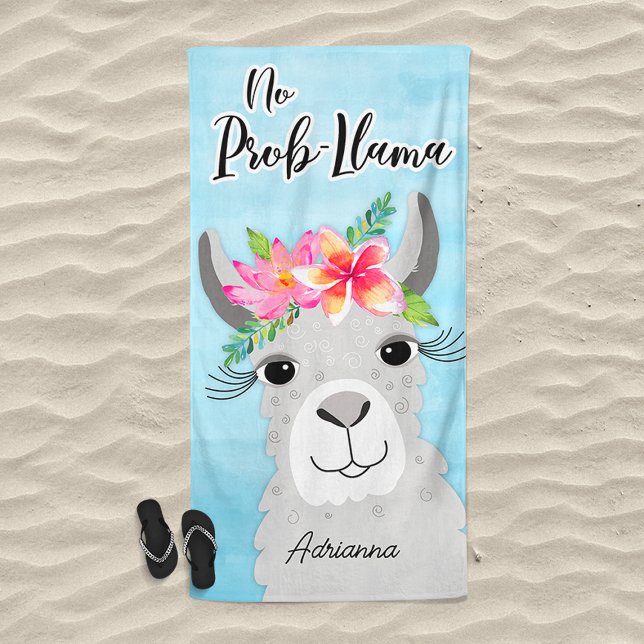 Toalha De Praia Sem Prob-Lama Cinza Floral Tropical Lama Cute (No Prob Llama Beach Towel)