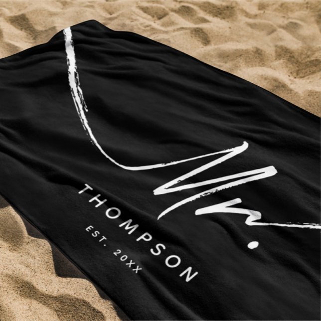 Toalha De Praia Senhor Personalizado Moderno Preto Branco Minimali (Mr. Custom Modern Black White Minimalist Beach Towel)