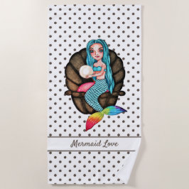 Toalha De Praia Sereia Arco-Íris Com Pérola Em Aquarela