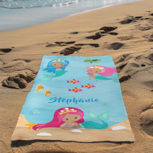 Toalha De Praia Sereia Bonita Personalizada Rapariga Sob O Mar