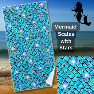 Toalha De Praia Sereia Escala Azul Aqua Azul com Estrelas Brancas