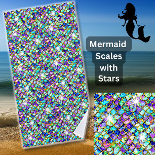 Toalha De Praia Sereia Escala Azul Roxo Verde Dourado com Estrelas