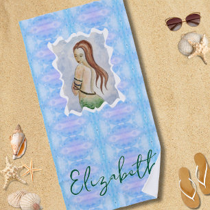 Toalha De Praia Sereia Personalizada em Aquarela Boho