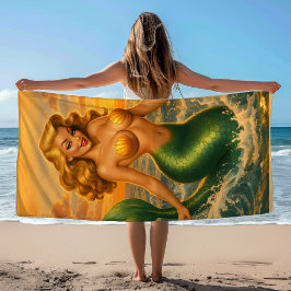 Toalha De Praia Sereia Pin-Up Loira da Praia | Mermaidcore Costeir